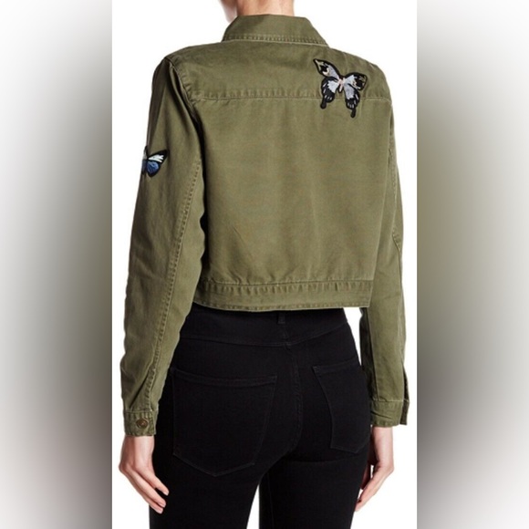 ⭐️ NWT Philosophy Olive Army Green Embroidered Butterfly Cropped Patch Jacket XS - Picture 5 of 15